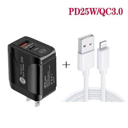 PD25W USB-C / Type-C + QC3.0 USB Dual Ports Fast Charger with USB to 8 Pin Data Cable, US Plug(Black) - Apple Accessories by buy2fix | Online Shopping UK | buy2fix