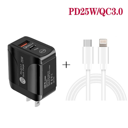 PD25W USB-C / Type-C + QC3.0 USB Dual Ports Fast Charger with USB-C to 8 Pin Data Cable, US Plug(White) by buy2fix