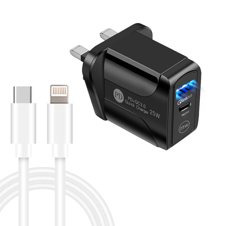 PD25W USB-C / Type-C + QC3.0 USB Dual Ports Fast Charger with USB-C to 8 Pin Data Cable, UK Plug(Black) - Apple Accessories by buy2fix | Online Shopping UK | buy2fix