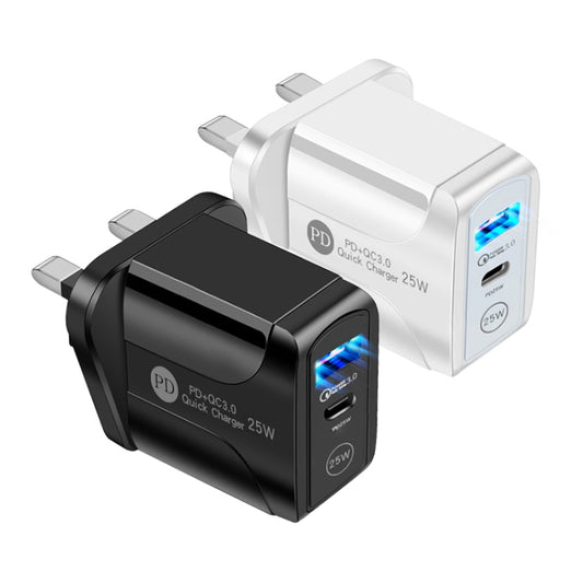 PD25W USB-C / Type-C + QC3.0 USB Dual Ports Fast Charger with USB-C to 8 Pin Data Cable, UK Plug(White) by buy2fix