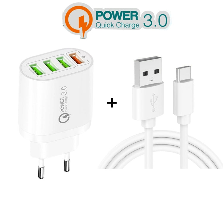 QC-04 QC3.0 + 3 x USB2.0 Multi-ports Charger with 3A USB to Type-C Data Cable, EU Plug(White) - Mobile Accessories by buy2fix | Online Shopping UK | buy2fix