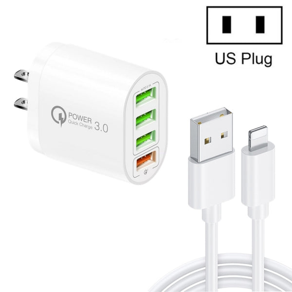 QC-04 QC3.0 + 3 x USB2.0 Multi-ports Charger with 3A USB to 8 Pin Data Cable,US Plug(White) by buy2fix