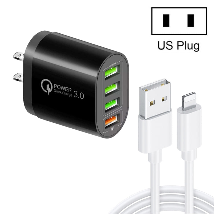 QC-04 QC3.0 + 3 x USB2.0 Multi-ports Charger with 3A USB to 8 Pin Data Cable,US Plug(Black) - Apple Accessories by buy2fix | Online Shopping UK | buy2fix