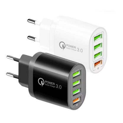 QC-04 QC3.0 + 3 x USB2.0 Multi-ports Charger with 3A USB to 8 Pin Data Cable, EU Plug(White) - Apple Accessories by buy2fix | Online Shopping UK | buy2fix