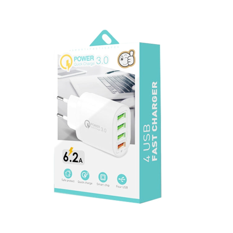 QC-04 QC3.0 + 3 x USB2.0 Multi-ports Charger with 3A USB to 8 Pin Data Cable, EU Plug(White) - Apple Accessories by buy2fix | Online Shopping UK | buy2fix