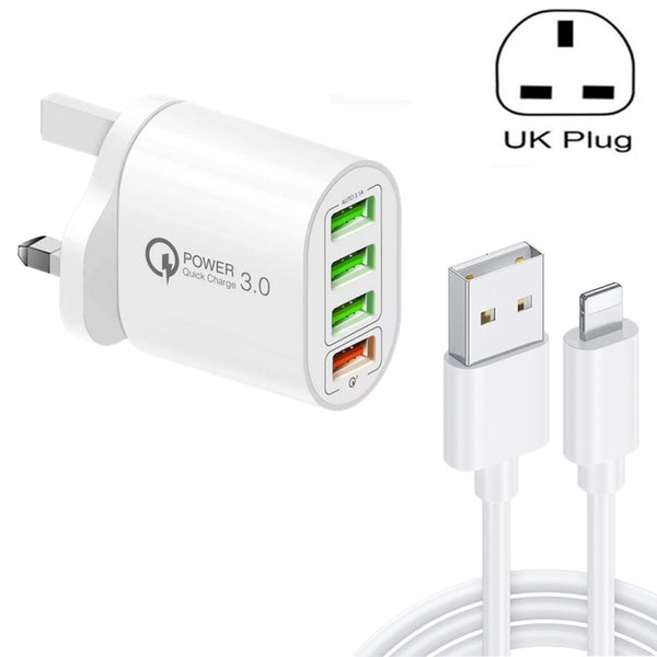 QC-04 QC3.0 + 3 x USB2.0 Multi-ports Charger with 3A USB to 8 Pin Data Cable, UK Plug(White) by buy2fix