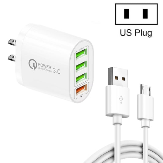 QC-04 QC3.0 + 3 x USB2.0 Multi-ports Charger with 3A USB to Micro USB Data Cable, US Plug(White) - Mobile Accessories by buy2fix | Online Shopping UK | buy2fix