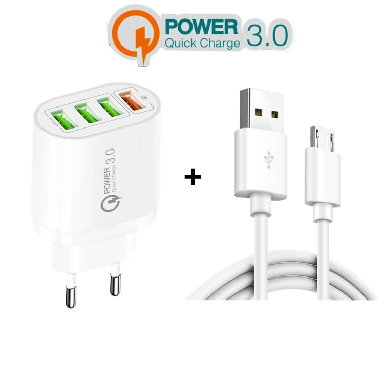 QC-04 QC3.0 + 3 x USB2.0 Multi-ports Charger with 3A USB to Micro USB Data Cable, EU Plug(White) - Mobile Accessories by buy2fix | Online Shopping UK | buy2fix