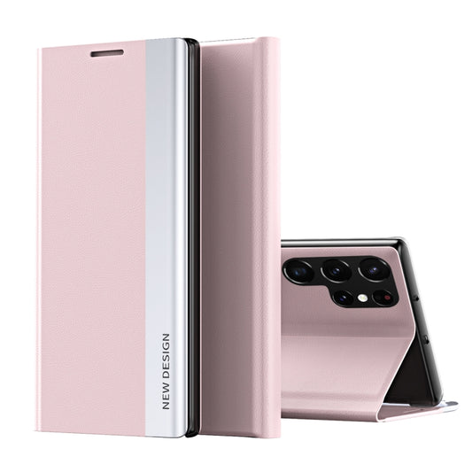 For Samsung Galaxy S22 Ultra 5G Side Electroplated Magnetic Ultra-Thin Horizontal Flip Leather Case with Holder(Pink) - Samsung Accessories by buy2fix | Online Shopping UK | buy2fix