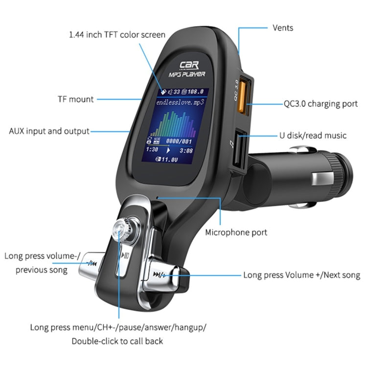 BT28 Car Color Screen Bluetooth MP3 Player AUX FM Transmitter QC3.0 - In Car by buy2fix | Online Shopping UK | buy2fix