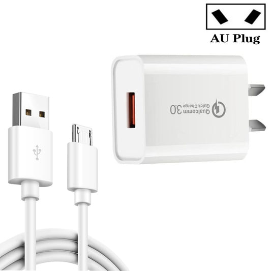 CA-25 QC3.0 USB 3A Fast Charger with USB to Micro USB Data Cable, AU Plug(White) - Mobile Accessories by buy2fix | Online Shopping UK | buy2fix