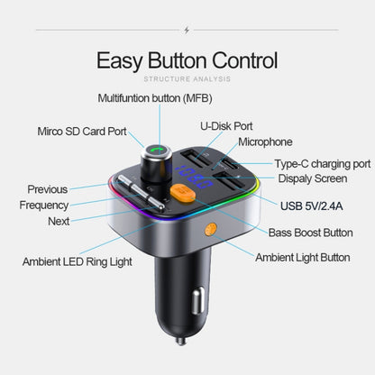 T48C Car Bluetooth 5.0 Fm Transmitter Kit Dual USB with Type-C 5V 2.4A Car Charger - In Car by buy2fix | Online Shopping UK | buy2fix