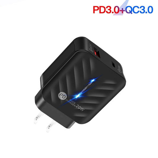 PD03 20W Type-C + QC3.0 USB Charger with Indicator Light, US Plug(Black) by buy2fix