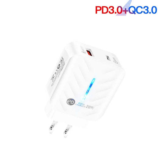PD03 20W Type-C + QC3.0 USB Charger with Indicator Light, US Plug(White) by buy2fix