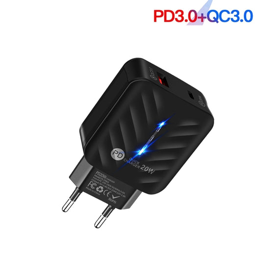PD03 20W Type-C + QC3.0 USB Charger with Indicator Light, EU Plug(Black) by buy2fix