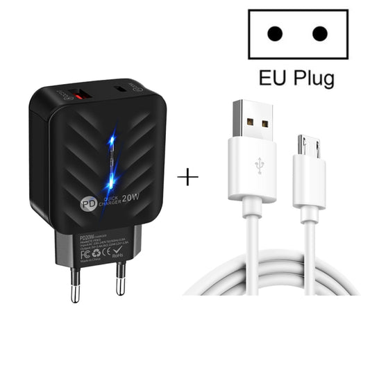 PD03 20W PD3.0 + QC3.0 USB Charger with USB to Micro USB Data Cable, EU Plug(Black) by buy2fix