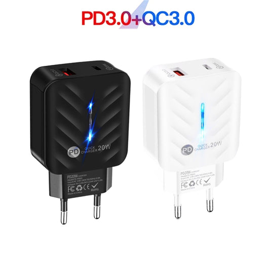 PD03 20W PD3.0 + QC3.0 USB Charger with Type-C to 8 Pin Data Cable, EU Plug(White) by buy2fix