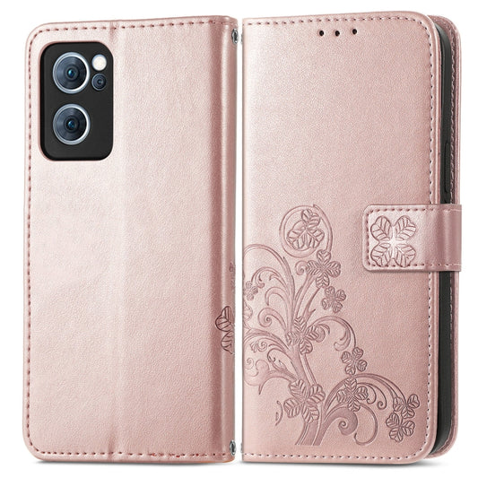 For OPPO Reno7 5G Four-leaf Clasp Embossed Buckle Leather Phone Case(Rose Gold) by buy2fix