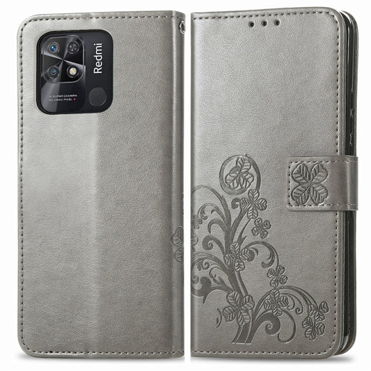 For Xiaomi Redmi 10C Four-leaf Clasp Embossed Buckle Leather Phone Case(Gray) by buy2fix