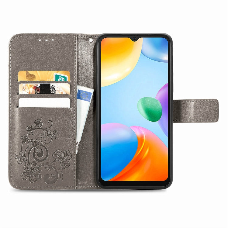 For Xiaomi Redmi 10C Four-leaf Clasp Embossed Buckle Leather Phone Case(Gray) - Xiaomi Accessories by buy2fix | Online Shopping UK | buy2fix