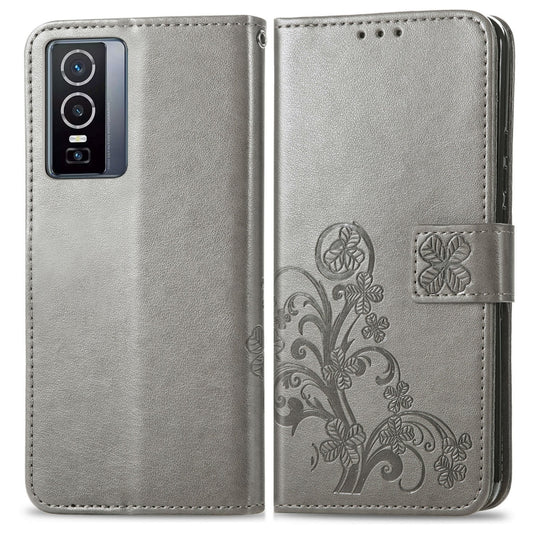 For vivo Y76 5G Four-leaf Clasp Embossed Buckle Leather Phone Case(Gray) by buy2fix