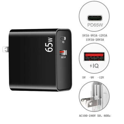 PD-65W USB-C / Type-C + QC3. 0 USB Laptop Charging Adapter, UK Plug / US Plug(White) by buy2fix