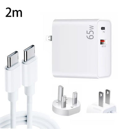 PD-65W USB-C / Type-C + QC3. 0 USB Laptop Charging Adapter + 2m USB-C / Type-C to USB-C / Type-C Data Cable Set, UK Plug / US Plug(White) - Cable & Adapter by buy2fix | Online Shopping UK | buy2fix