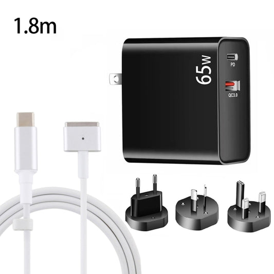 PD-65W USB-C / Type-C + QC3. 0 USB Laptop Charging Adapter + 1.8m USB-C / Type-C to MagSafe 2 / T Head Data Cable,  EU Plug / AU Plug / UK Plug / US Plug(Black) - Cable & Adapter by buy2fix | Online Shopping UK | buy2fix