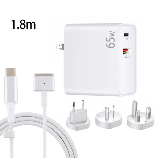 PD-65W USB-C / Type-C + QC3. 0 USB Laptop Charging Adapter + 1.8m USB-C / Type-C to MagSafe 2 / T Head Data Cable,  EU Plug / AU Plug / UK Plug / US Plug(White) - Cable & Adapter by buy2fix | Online Shopping UK | buy2fix