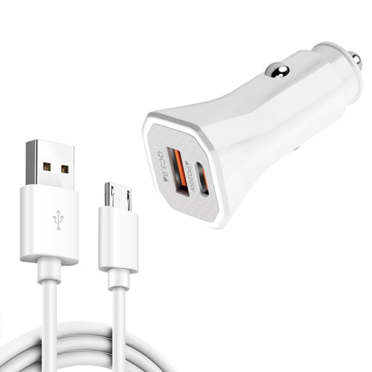 TE-P22 38W PD USB-C / Type-C + QC3. 0 USB Car Charger with 1m USB to Micro USB Data Cable(White) - Car Charger by buy2fix | Online Shopping UK | buy2fix