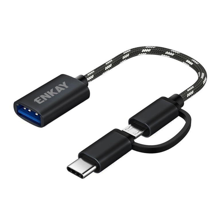 ENKAY ENK-AT113 2 in 1 Type-C / Micro USB to USB 3.0 Nylon Braided OTG Adapter Cable(Black) -  by ENKAY | Online Shopping UK | buy2fix