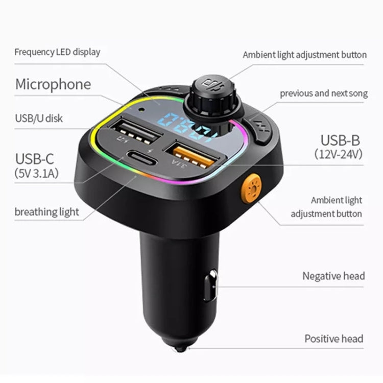 C28 Fast Charging Atmosphere Light Handsfree Car Kit Car Mp3 Player Stereo FM Transmitter - In Car by buy2fix | Online Shopping UK | buy2fix