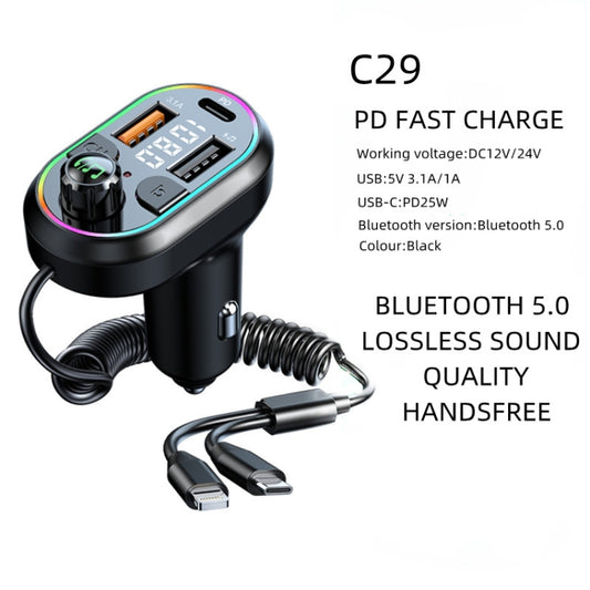 C29 Car Bluetooth 5.0 FM Transmitter Car MP3 Player Fast Charge U Disk Lossless Music Player by buy2fix