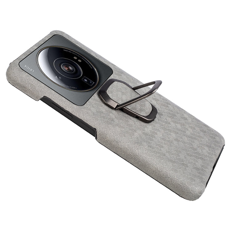 For Xiaomi 12S Ultra Ring Holder Honeycomb PU Phone Case(Grey) by buy2fix