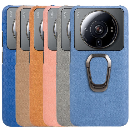 For Xiaomi 12S Ultra Ring Holder Honeycomb PU Phone Case(Grey) by buy2fix