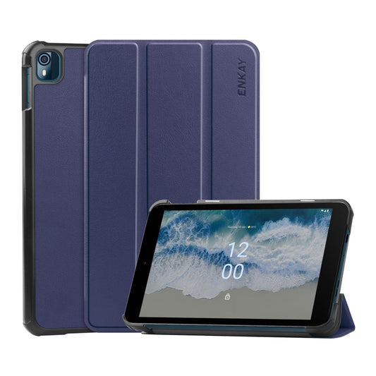 For Nokia T10 ENKAY Tri-fold Custer Texture Leather Smart Tablet Case(Dark Blue) - Others by ENKAY | Online Shopping UK | buy2fix