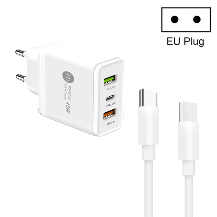 45W PD3.0 + 2 x QC3.0 USB Multi Port Charger with Type-C to Type-C Cable, EU Plug(White) - Mobile Accessories by buy2fix | Online Shopping UK | buy2fix