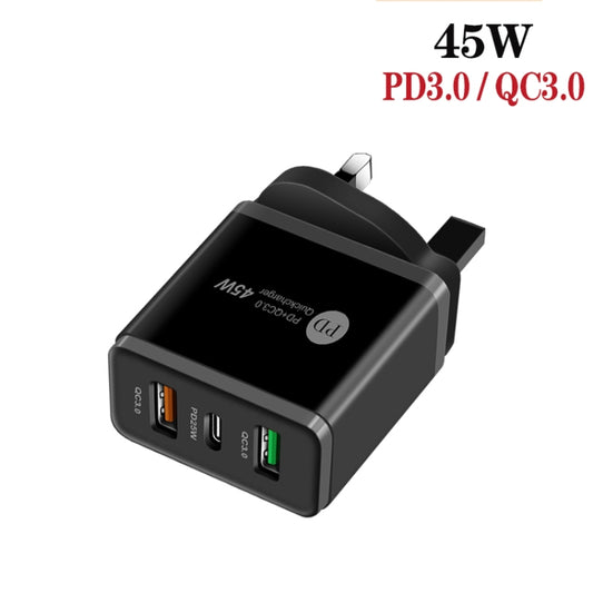 45W PD25W + 2 x QC3.0 USB Multi Port Charger with USB to Type-C Cable, UK Plug(Black) by buy2fix