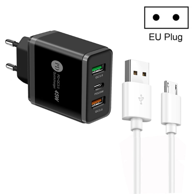 45W PD25W + 2 x QC3.0 USB Multi Port Charger with USB to Micro USB Cable, EU Plug(Black) - Mobile Accessories by buy2fix | Online Shopping UK | buy2fix