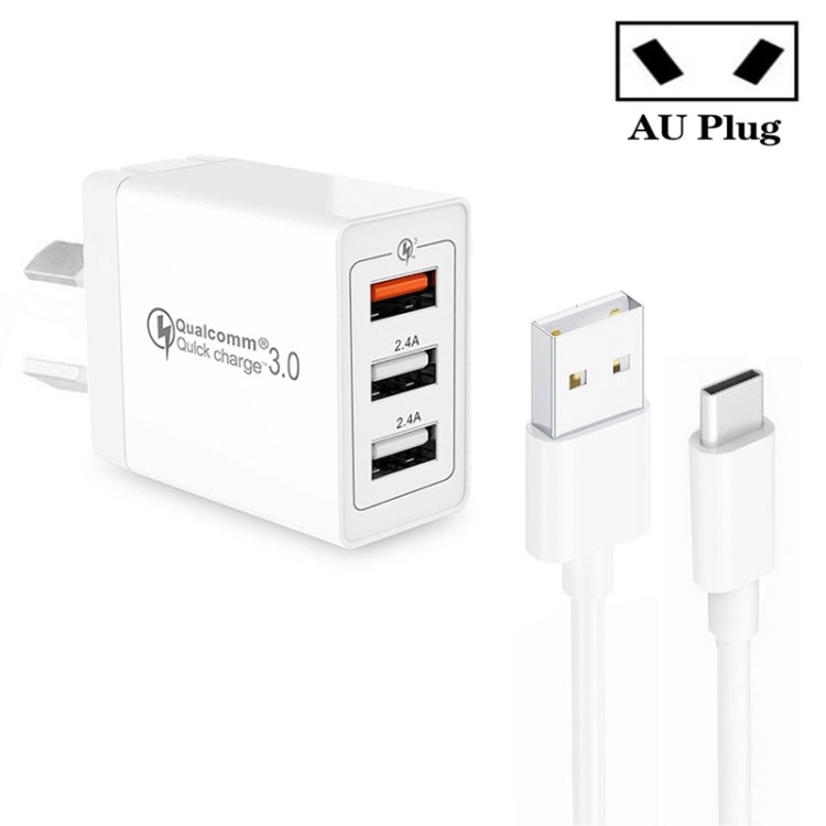 SDC-30W QC3.0 USB + 2 x USB2.0 Port Quick Charger with USB to Type-C Cable, AU Plug - Mobile Accessories by buy2fix | Online Shopping UK | buy2fix