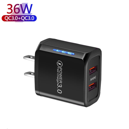 36W Dual Port QC3.0 USB Mobile Phone Charger Dual 18W Output, US Plug(Black) by buy2fix