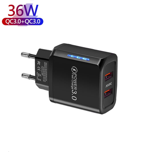 36W Dual Port QC3.0 USB Mobile Phone Charger Dual 18W Output, EU Plug(Black) by buy2fix