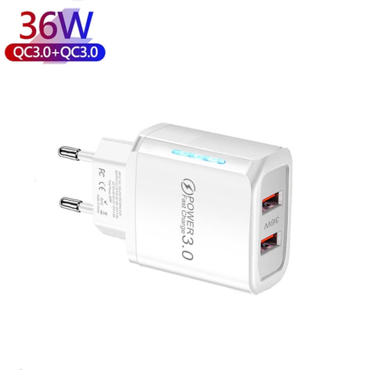 36W Dual Port QC3.0 USB Mobile Phone Charger Dual 18W Output, EU Plug(White) by buy2fix