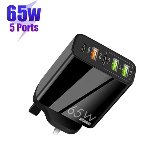 65W Dual PD Type-C + 3 x USB Multi Port Charger for Phone and Tablet PC, UK Plug(Black) by buy2fix