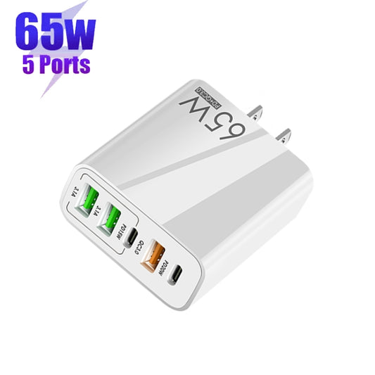 65W Dual PD Type-C + 3 x USB Multi Port Charger with 3A Type-C to Type-C Data Cable, US Plug(White) by buy2fix