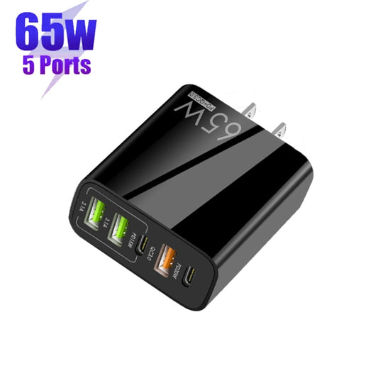 65W Dual PD Type-C + 3 x USB Multi Port Charger with 3A Type-C to Type-C Data Cable, US Plug(Black) by buy2fix