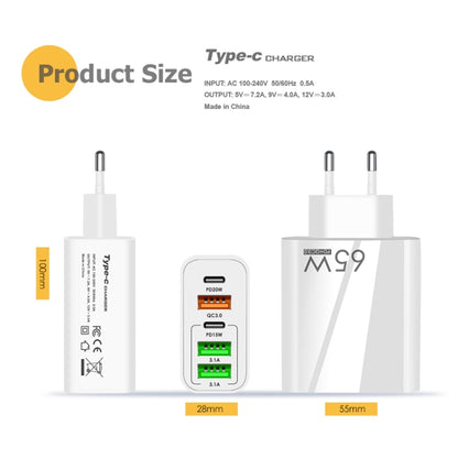 65W Dual PD Type-C + 3 x USB Multi Port Charger with 3A Type-C to Type-C Data Cable, UK Plug(White) - Mobile Accessories by buy2fix | Online Shopping UK | buy2fix