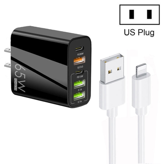 65W Dual PD Type-C + 3 x USB Multi Port Charger with 3A USB to 8 Pin Data Cable, US Plug(Black) - Apple Accessories by buy2fix | Online Shopping UK | buy2fix