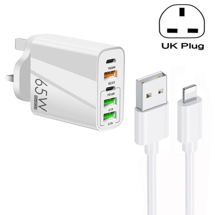 65W Dual PD Type-C + 3 x USB Multi Port Charger with 3A USB to 8 Pin Data Cable, UK Plug(White) - Apple Accessories by buy2fix | Online Shopping UK | buy2fix