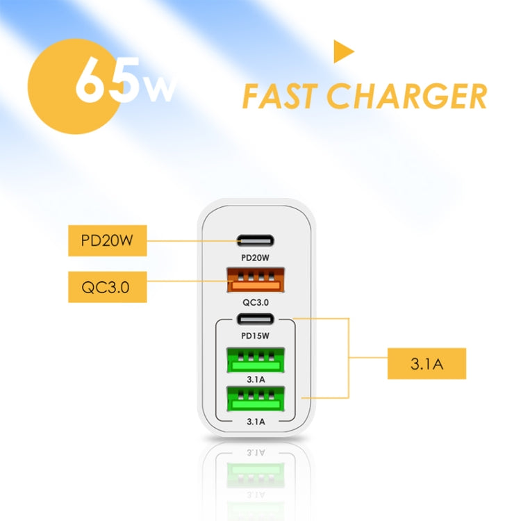 65W Dual PD Type-C + 3 x USB Multi Port Charger with 3A USB to Type-C Data Cable, EU Plug(White) - Mobile Accessories by buy2fix | Online Shopping UK | buy2fix